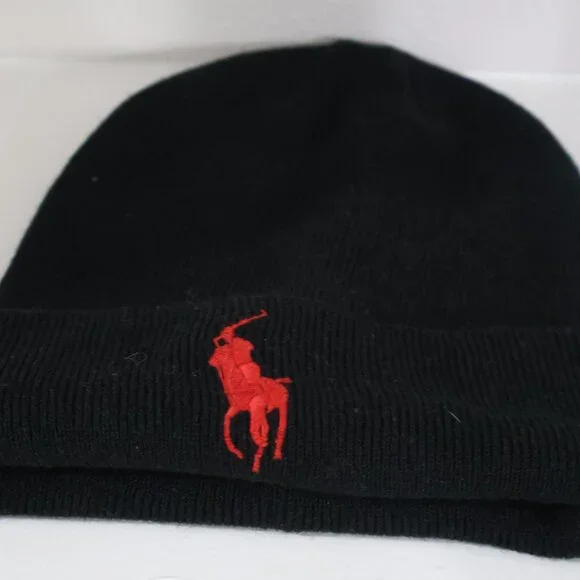 Polo Ralph Lauren Black Knit Beanie Red Pony Logo - Picture 5 of 5